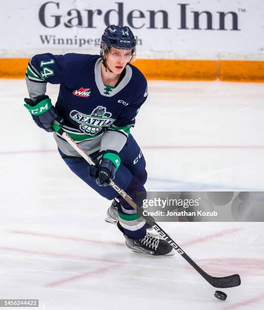 Kevin Korchinski of the Seattle Thunderbirds plays the puck during third period action against the Winnipeg ICE at Wayne Fleming Arena on January 11,...
