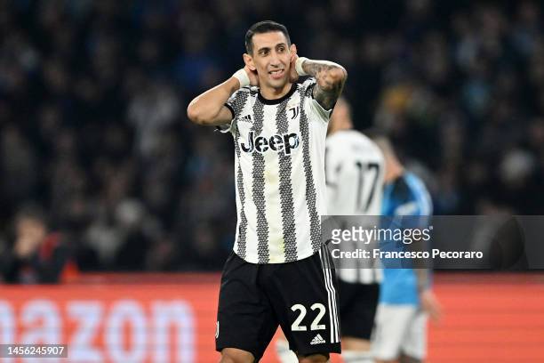 Angel Di Maria of Juventus shows his disappointment during the Serie A match between SSC Napoli_Juventus at Stadio Diego Armando Maradona on January...