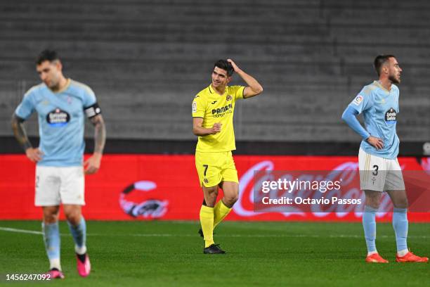 Gerard Moreno of Villarreal CF celebrates after scoring the team's first goal during the LaLiga Santander match between RC Celta and Villarreal CF at...