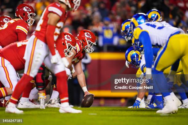 Creed Humphrey of the Kansas City Chiefs gets set against the Los Angeles Rams at GEHA Field at Arrowhead Stadium on November 27, 2022 in Kansas...