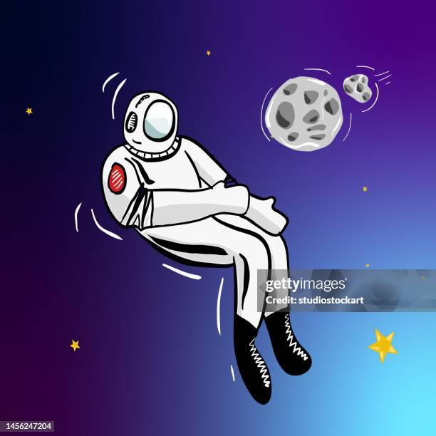 astronaut floating in space near planet - zero gravity flight stock illustrations