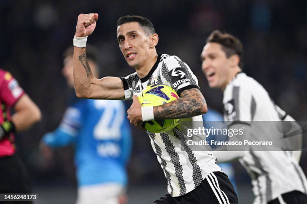 Angel Di Maria of Juventus celebrates after scoring the 2-1 goal during the Serie A match between SSC Napoli_Juventus at Stadio Diego Armando...