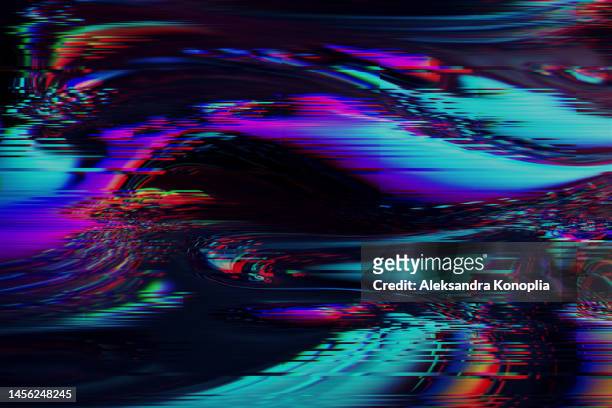 motion glitch interlaced multicolored distorted textured futuristic background - glitch screen fotografías e imágenes de stock