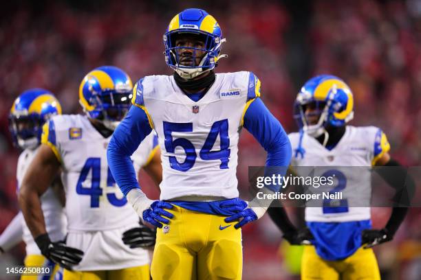 Leonard Floyd of the Los Angeles Rams gets set against the Kansas City Chiefs at GEHA Field at Arrowhead Stadium on November 27, 2022 in Kansas City,...