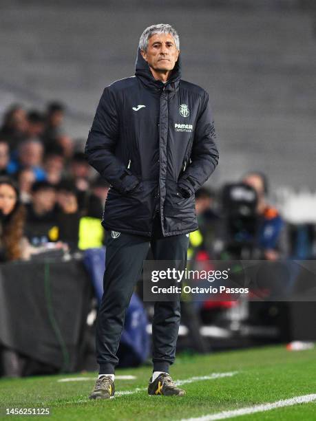 Quique Setien, Head Coach of Villarreal CF looks on during the LaLiga Santander match between RC Celta and Villarreal CF at Estadio Balaidos on...