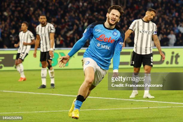 Khvicha Kvaratskhelia of SSC Napoli celebrates after scoring the 2-0 goal during the Serie A match between SSC Napoli_Juventus at Stadio Diego...