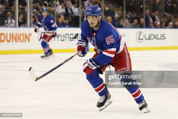 Ryan Lindgren of the New York Rangers looks on during the third period against the Dallas Stars at Madison Square Garden on January 12, 2023 in New...