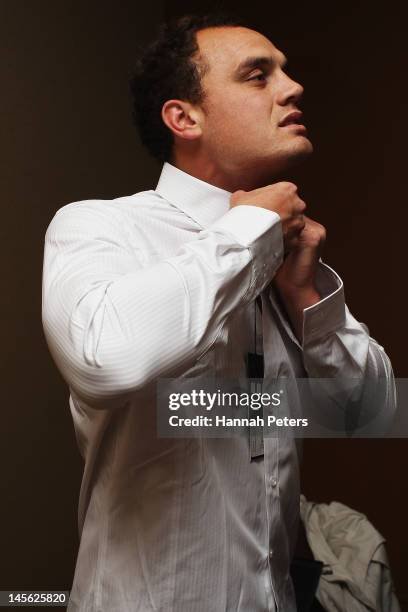 Israel Dagg tries on new gear on June 3, 2012 in Auckland, New Zealand.