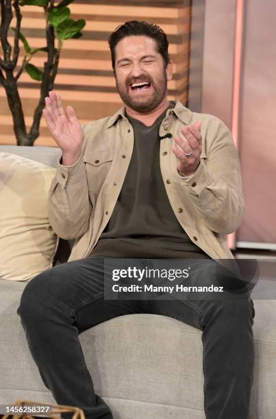 In this image released on January 13, Gerard Butler visits "Despierta America" to promote his new movie "Plane" at Univision Studios on January 12,...