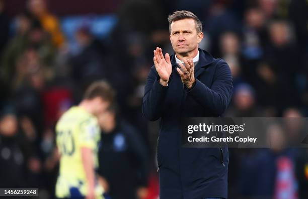 Jesse Marsch, Manager of Leeds United applauds the fans after the Premier League match between Aston Villa and Leeds United at Villa Park on January...