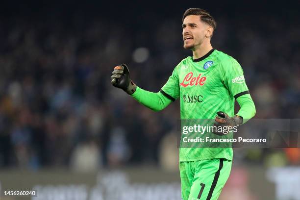 Alex Meret of SSC Napoli celebrates the victory after the Serie A match between SSC Napoli_Juventus at Stadio Diego Armando Maradona on January 13,...