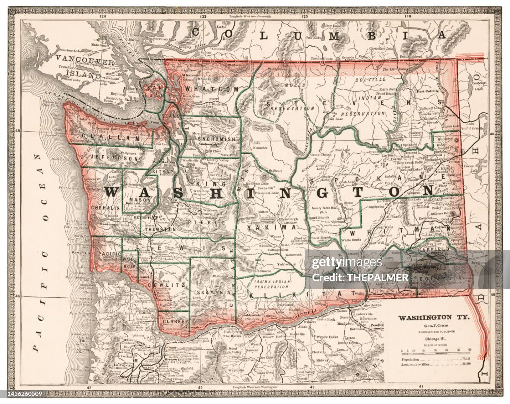 Map of the state of Washington, USA 1883