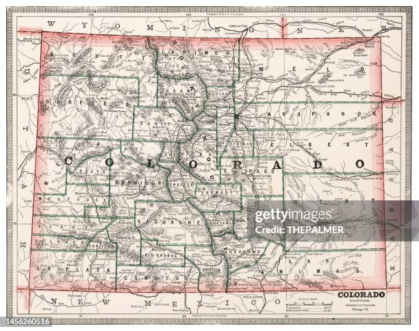 map of the state of colorado, usa 1883 - denver map stock illustrations