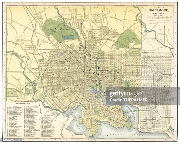 illustrations, cliparts, dessins animés et icônes de carte de la ville de baltimore, états-unis 1863 - maryland