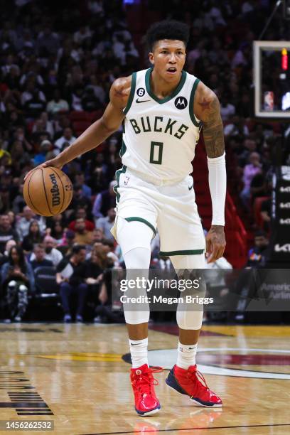 MarJon Beauchamp of the Milwaukee Bucks in action against the Miami Heat during the third quarter of the game at Miami-Dade Arena on January 12, 2023...