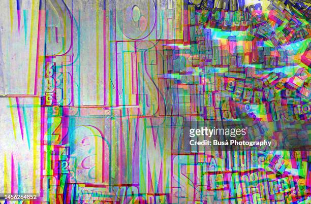 anaglyph image manipulation of typescript metal letters - letterpress stock pictures, royalty-free photos & images