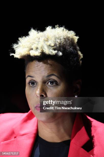 Portland Thorns general manager Karina LeBlanc looks on during the 2023 NWSL Draft at the Pennsylvania Convention Center on January 12, 2023 in...