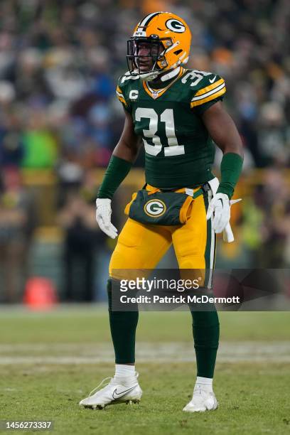 Adrian Amos of the Green Bay Packers in action against the Detroit Lions in the first half at Lambeau Field on January 08, 2023 in Green Bay,...