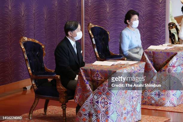 Emperor Naruhito and Empress Masako attend the 'Kosho Hajime-no-Gi', first lecture of the New Year at the Imperial Palace on January 13, 2023 in...