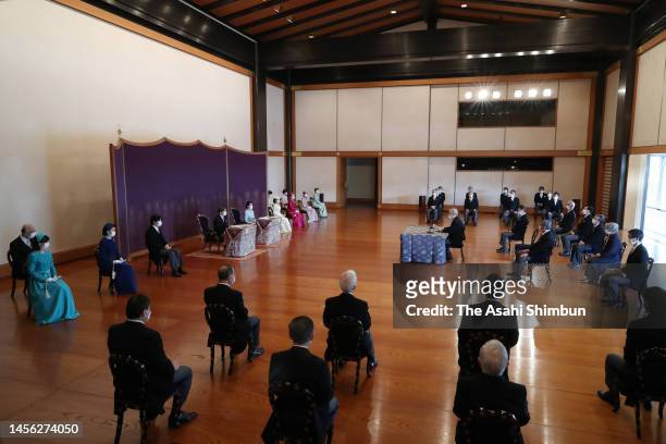 Emperor Naruhito, Empress Masako and royal family members attend the 'Kosho Hajime-no-Gi', first lecture of the New Year at the Imperial Palace on...