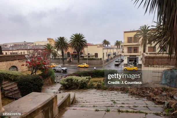 An exterior stairway on the grounds of the Asmara Theatre in the city center on December 31, 2022 in Asmara, Eritrea. Built in 1920, the building...