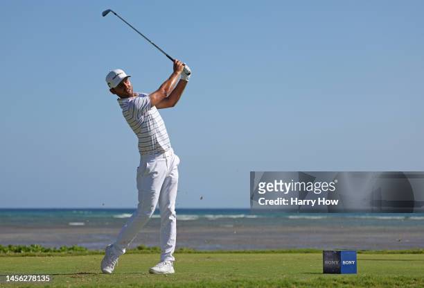 Adam Svensson of Canada plays his shot from the 17th tee during the second round of the Sony Open in Hawaii at Waialae Country Club on January 13,...