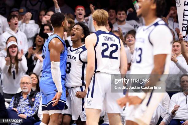 Chuck Harris of the Butler Bulldogs reacts after a play during the first half in the game against the Villanova Wildcats at Hinkle Fieldhouse on...