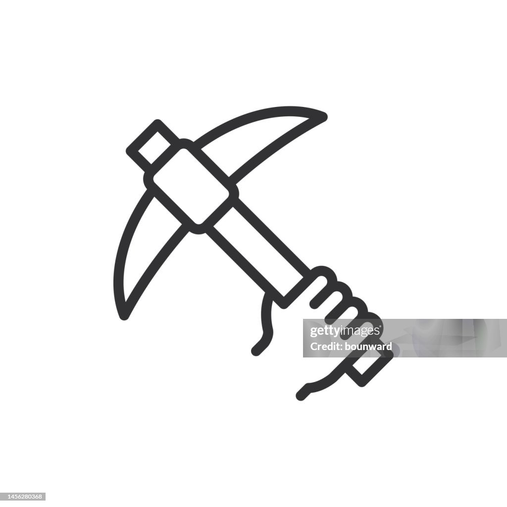 Pickaxe in hand. Line Icon. Editable Stroke.