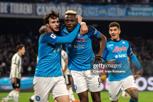 Victor Osimhen of SSC Napoli celebrates with teammates after scoring a goal to make it 1-0 during the Serie A match between SSC Napoli and Juventus...