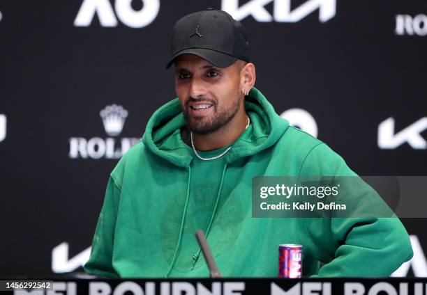 Nick Kyrgios of Australia speaks during a press conference during a practice session ahead of the 2023 Australian Open at Melbourne Park on January...