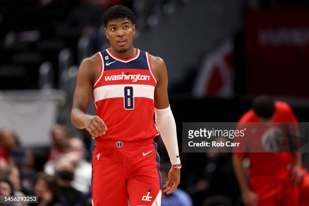 Rui Hachimura of the Washington Wizards looks on in the second half against the New York Knicks at Capital One Arena on January 13, 2023 in...