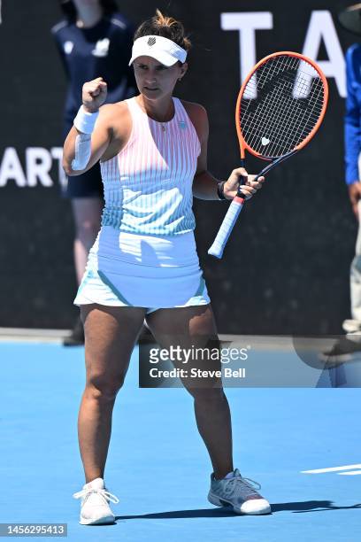 Lauren Davis of USA celebrates winning the first set the 2023 Hobart International at Domain Tennis Centre on January 14, 2023 in Hobart, Australia.