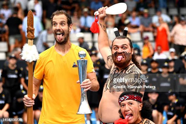 Richard Gasquet of France celebrates with the trophy after winning the Men's singles final against Cameron Norrie of Great Britain during day six of...