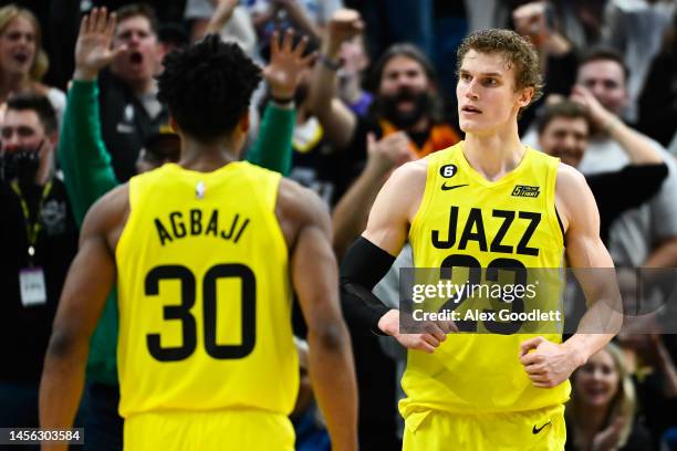 Lauri Markkanen of the Utah Jazz reacts to a play during the second half of a game against the Orlando Magic at Vivint Arena on January 13, 2023 in...