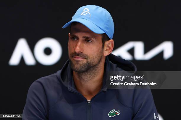 Novak Djokovic of Serbia talks to the media during a press conference ahead of the 2023 Australian Open at Melbourne Park on January 14, 2023 in...
