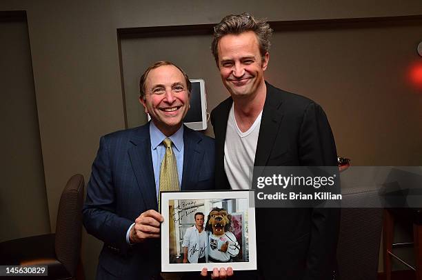 Commissioner Gary Bettman and actor Matthew Perry attend the Los Angeles Kings vs the New Jersey Devils game two during the 2012 Stanley Cup final at...