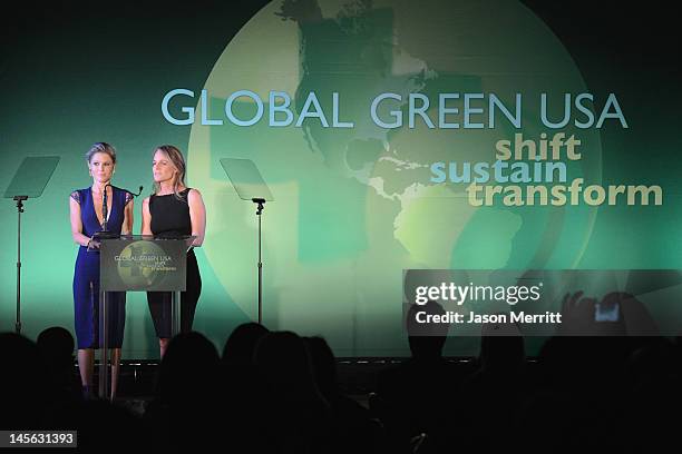 Actresses Julie Bowen and Helen Hunt attend the 16th Annual Global Green USA Millennium Awards held at Fairmont Miramar Hotel on June 2, 2012 in...