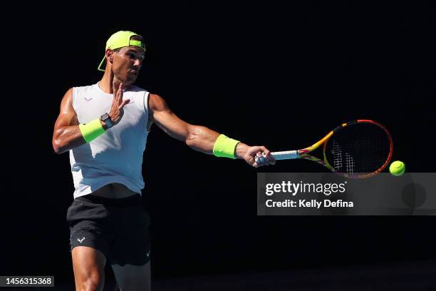 Rafael Nadal of Spain plays a forehand during a practice session ahead of the 2023 Australian Open at Melbourne Park on January 14, 2023 in...