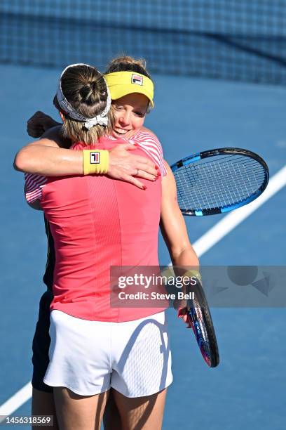 Laura Siegemund of Germany and Kirsten Flipkens of Belgium celebrate their win in the doubles final during day six of the 2023 Hobart International...