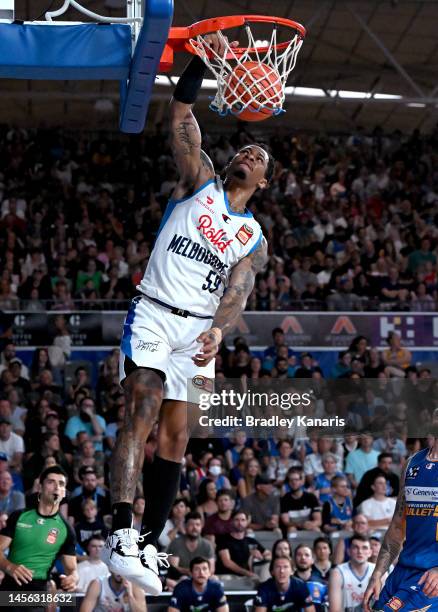 Rayjon Tucker of United slam dunks during the round 15 NBL match between Brisbane Bullets and Melbourne United at Nissan Arena, on January 14 in...