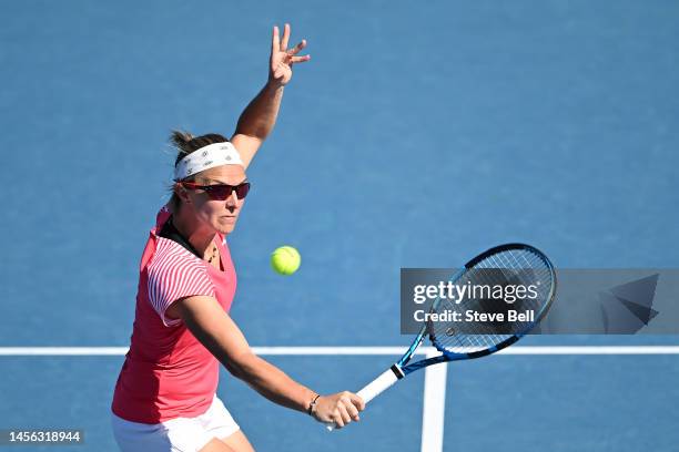 Kirsten Flipkens of Belgium competes in the doubles final during day six of the 2023 Hobart International at Domain Tennis Centre on January 14, 2023...