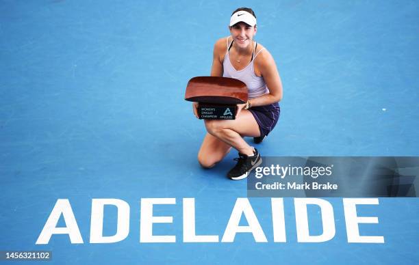 Womens Singles winner Belinda Bencic of Switzerland poses with the Adelaide International trophy after winning against Daria Kasatkina during day six...