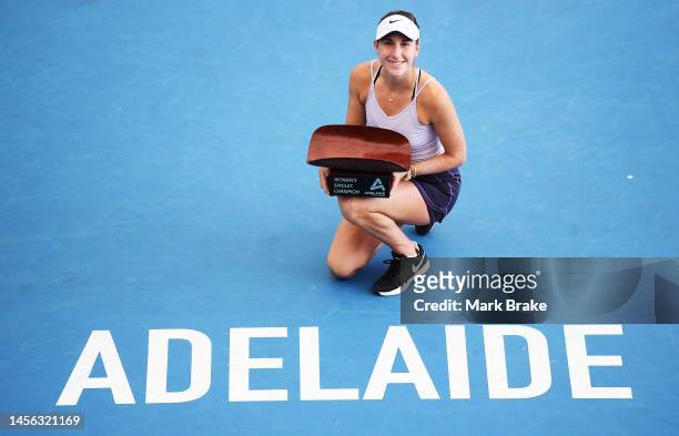 Womens Singles winner Belinda Bencic of Switzerland poses with the Adelaide International trophy after winning against Daria Kasatkina during day six...
