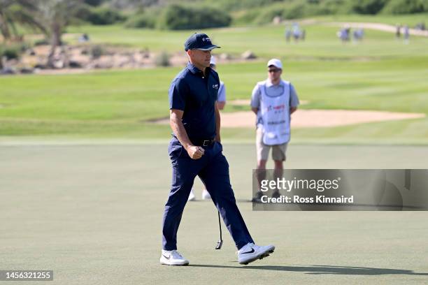 Alex Noren of Sweden and Continental Europe team celebrates after doing a birdie on the 18th Hole during the morning foursomes on Day Two of the Hero...