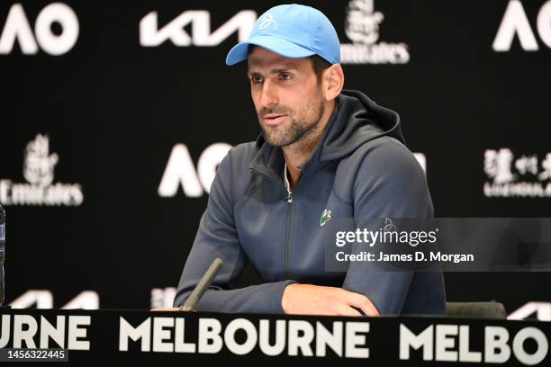 Novak Djokovic of Serbia talks to the media during a press conference ahead of the 2023 Australian Open at Melbourne Park on January 14, 2023 in...