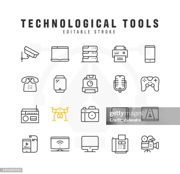 technological tools line icon set. editable stroke. pixel perfect. - game controller hand stock illustrations