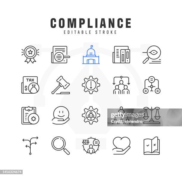 compliance line icon set. editable stroke. pixel perfect. - law legal system technology stock illustrations