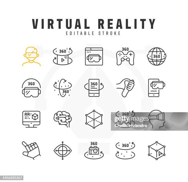 virtual reality line icon set. editable stroke. pixel perfect. - 360 degree view stock illustrations