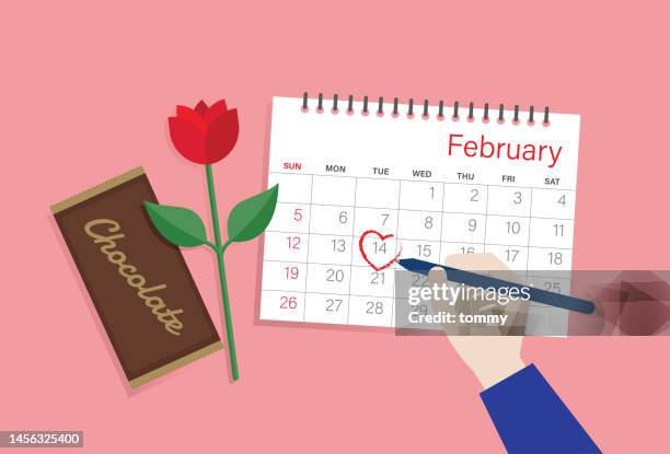 valentine's day on calendar, a chocolate bar, and a rose - heart month stock illustrations