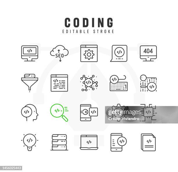 coding line icon set. editable stroke. pixel perfect. - matrix code stock illustrations